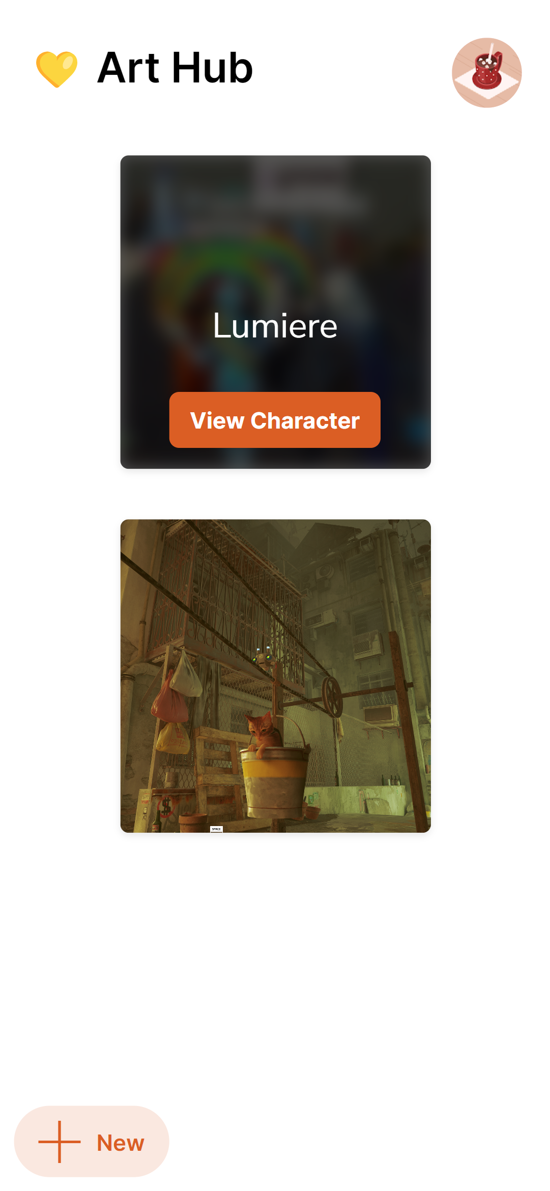 Art Hub web application showing two characters, one named Lumiere.