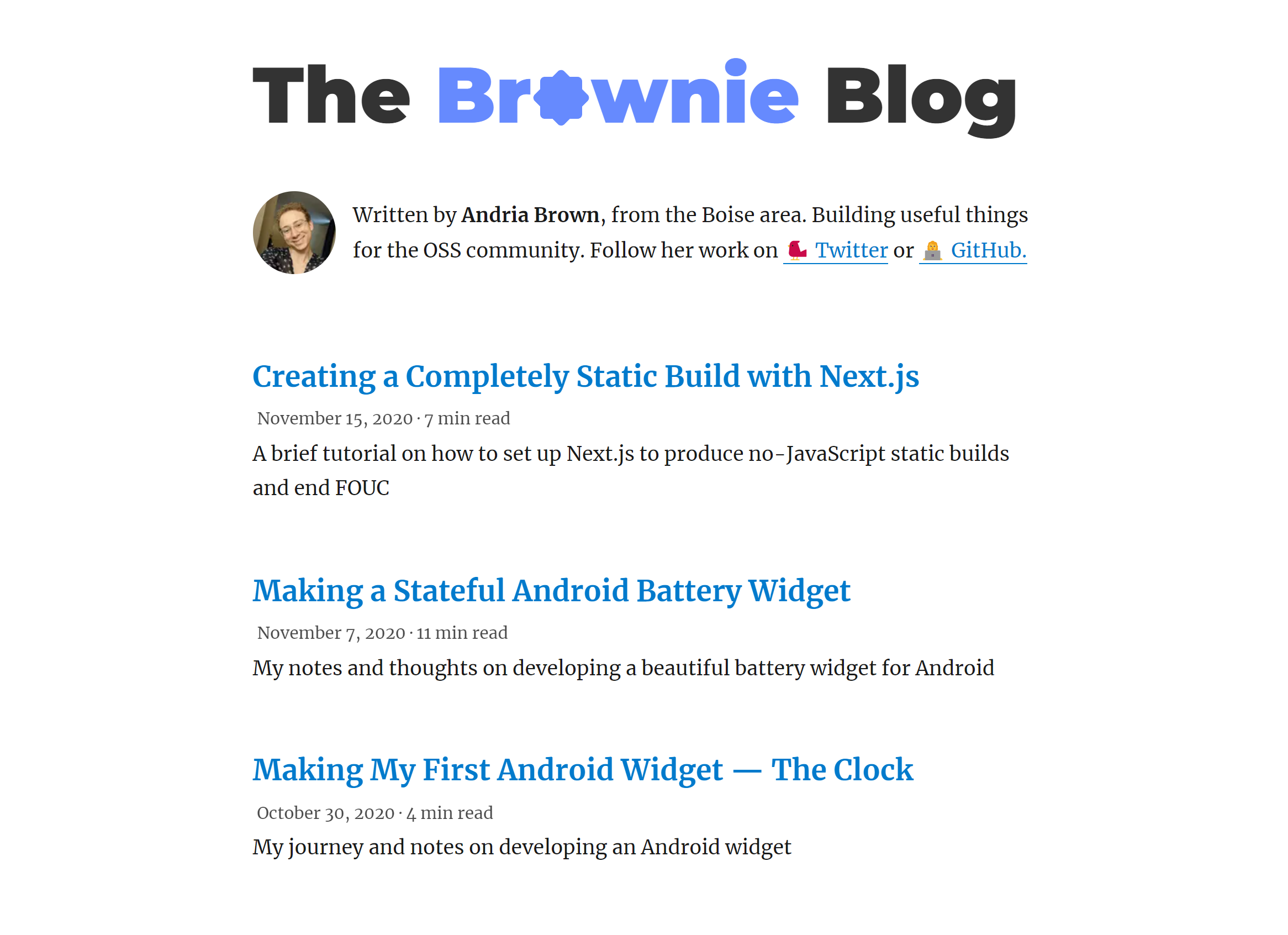 Home page of my developer blog. Contains a small about me section followed by multiple articles.