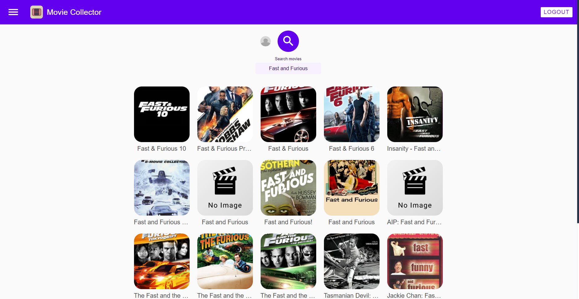 Searching for "Fast and Furious" on Movie Collector web application. Several movies are displayed in the matching results.